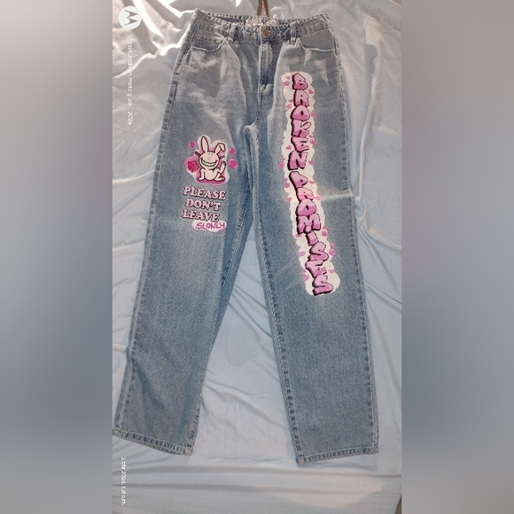 Broken Promises Denim - Light Wash Straight-Leg Jeans with Pink Bunny Graphic